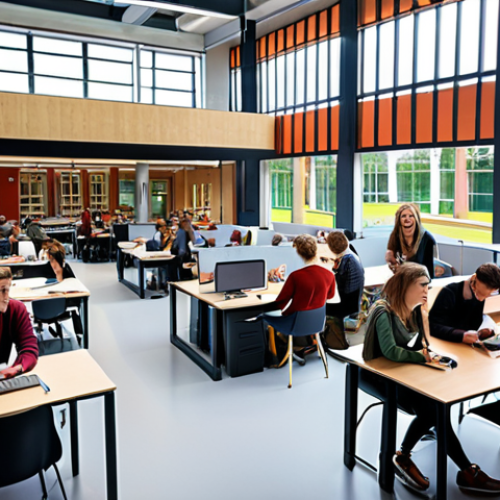 Home 11 ** A vibrant university campus in the Netherlands, bustling with students collaborating in modern workspaces, showcasing the innovation and collaboration culture.
**