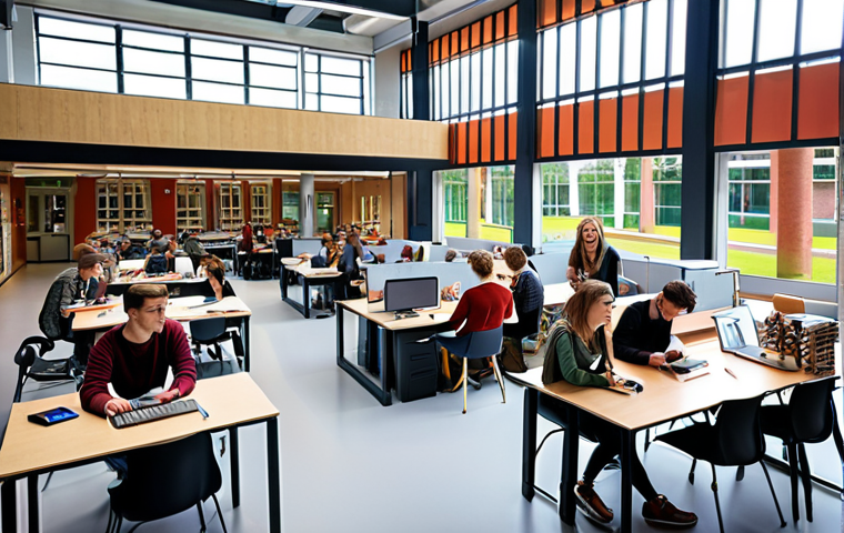** A vibrant university campus in the Netherlands, bustling with students collaborating in modern workspaces, showcasing the innovation and collaboration culture.
**