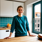 A young adult casually dressed in comfortable, modest clothing, standing in a well-lit kitchen within a modern, rented apartment in the Netherlands. The kitchen features local Dutch produce, including cheeses and fresh bread on a wooden counter. A window in the background offers a glimpse of a typical Dutch street with historic buildings. The person has perfect anatomy, correct proportions, well-formed hands, and a natural pose. The scene is brightly lit, showcasing professional photography, high detail, appropriate content, safe for work, fully clothed, family-friendly.