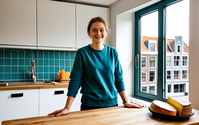 A young adult casually dressed in comfortable, modest clothing, standing in a well-lit kitchen within a modern, rented apartment in the Netherlands. The kitchen features local Dutch produce, including cheeses and fresh bread on a wooden counter. A window in the background offers a glimpse of a typical Dutch street with historic buildings. The person has perfect anatomy, correct proportions, well-formed hands, and a natural pose. The scene is brightly lit, showcasing professional photography, high detail, appropriate content, safe for work, fully clothed, family-friendly.