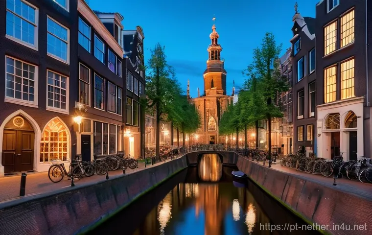 네덜란드 홍등가 방문 시 주의사항 - Prompt 1: Historic De Wallen - Oude Kerk at Dusk**