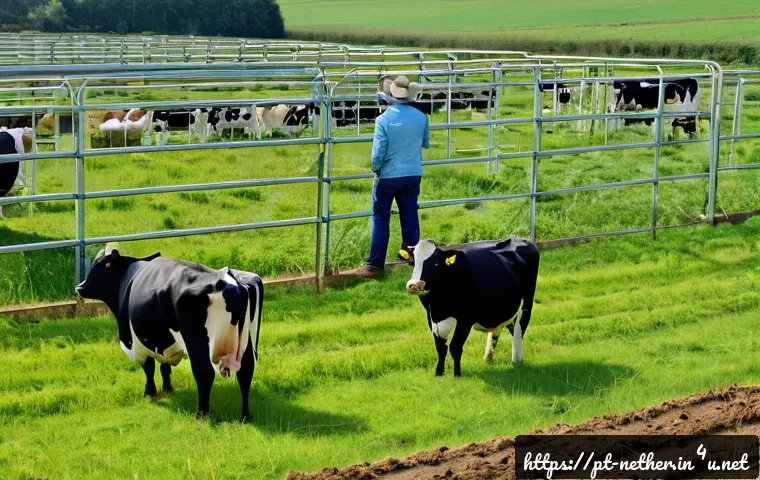 네덜란드에서 동물 보호법 - A detailed scene of a modern Dutch farm implementing humane animal welfare practices: healthy cows g...