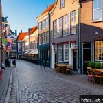 Home 20 네덜란드의 숨은 관광 명소 - A charming street scene in Leeuwarden’s historic center during golden hour, featuring narrow cobbles...
