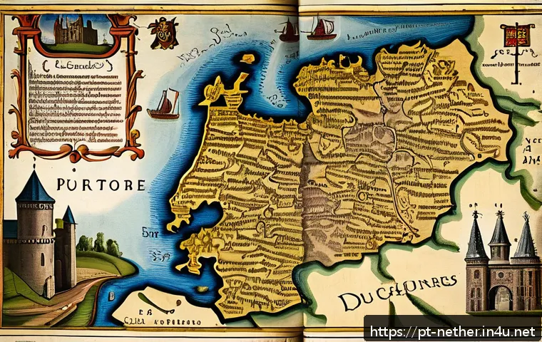 네덜란드와 벨기에의 역사적 관계 - A detailed medieval map-style illustration showing the fragmented territories of the Low Countries d...