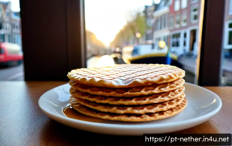 네덜란드에서 맛볼 수 있는 스트룹와플 이야기 - Photorealistic close-up of a freshly made Dutch stroopwafel resting on a small ceramic plate beside ...