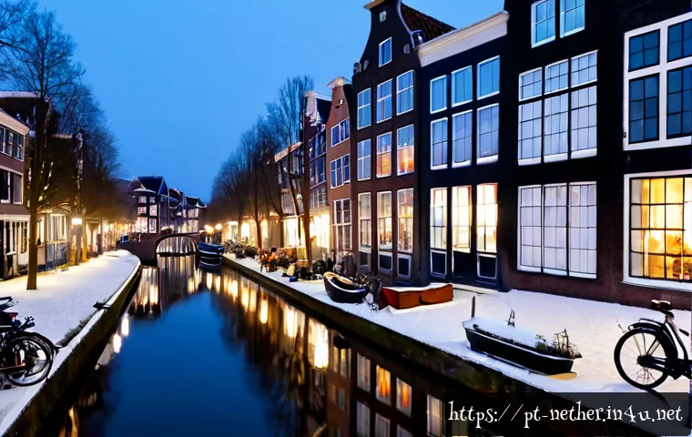 네덜란드의 연말연시 분위기 - Photorealistic winter evening in a picturesque Dutch canal town during the year-end holidays, narrow...